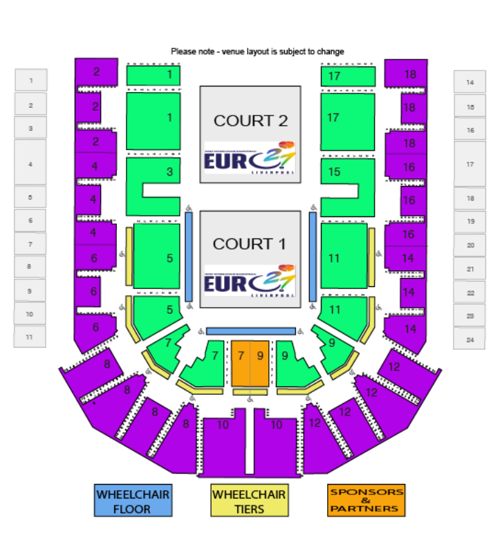 Seating plan for the M&S Bank Arena showing Court 1 and Court 2, numbered sections 1 to 18, wheelchair floor spaces in blue beside Court 1, wheelchair tier spaces in yellow on level one, and the sponsors and partners area in orange. Venue layout is subject to change.